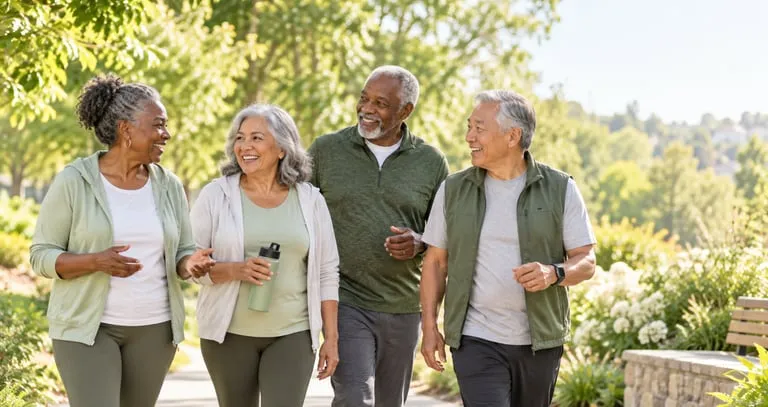 A diverse group of active seniors smiling and walking together on a sunny park trail