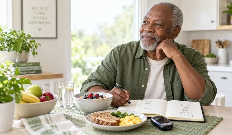 A senior man smiling while writing in a health tracking journal next to a balanced breakfast and glucose monitor