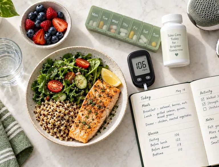 A healthy salmon salad bowl next to a blood glucose monitor, pill organizer, and fitness tracking journal