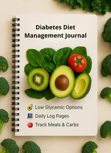 Diabetes Diet Management Journal surrounded by fresh produce