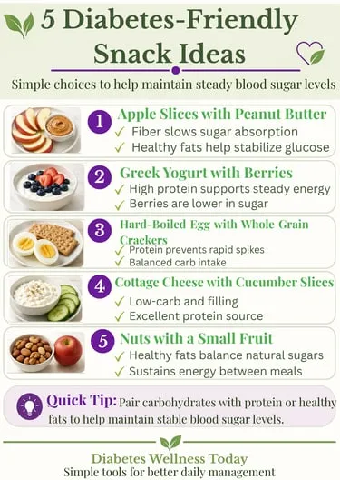 Infographic showing five diabetes-friendly snack ideas
